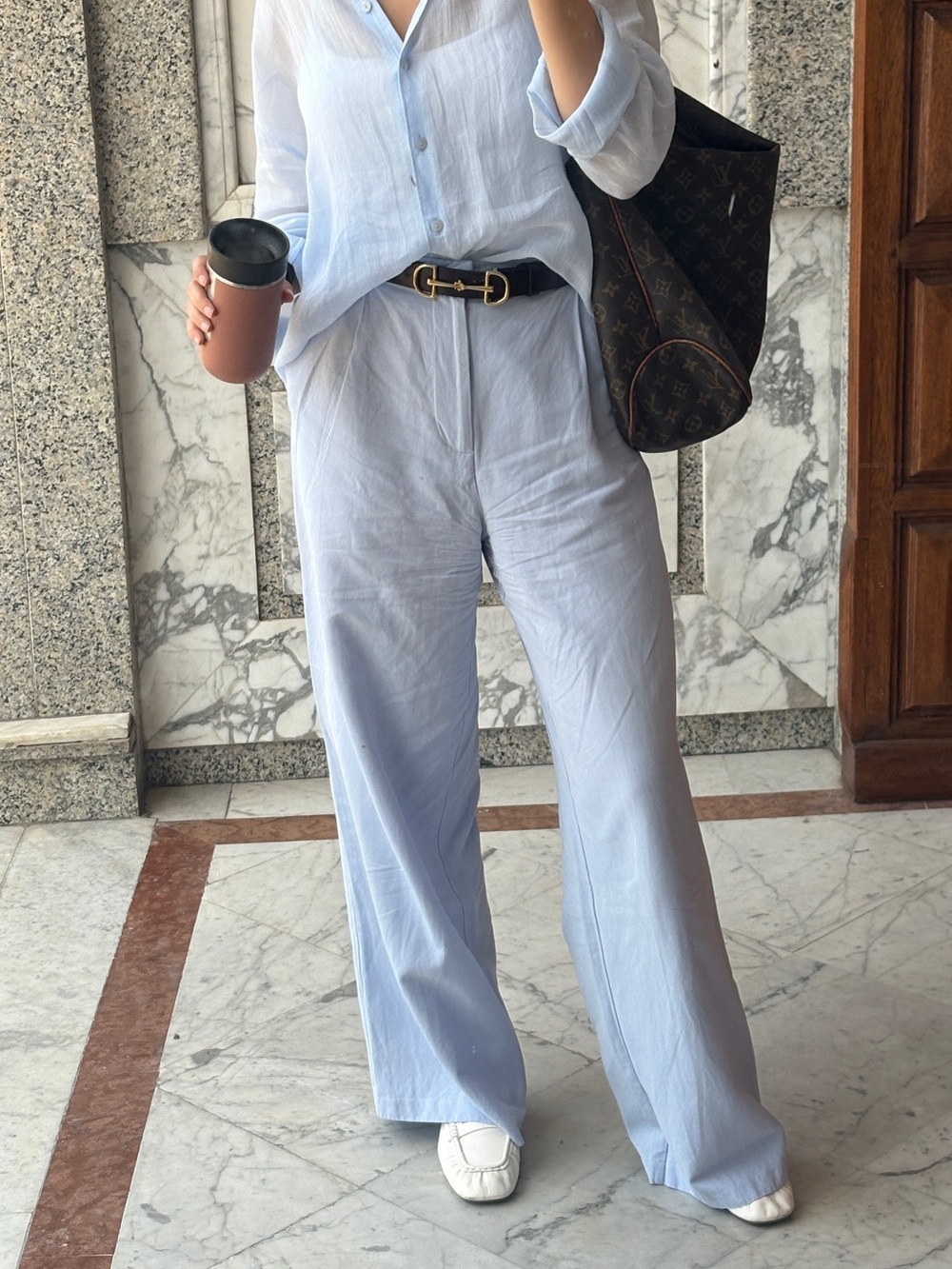 Zara Light Blue Wide-Leg Linen Pants Women